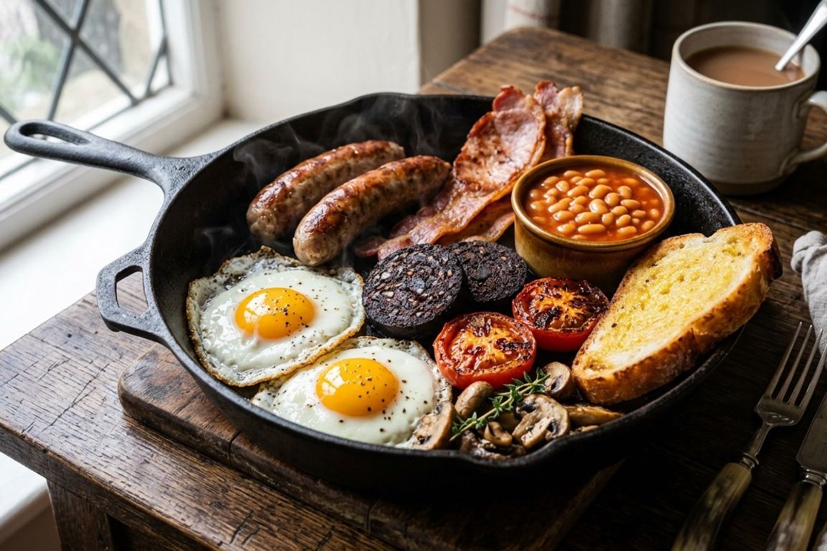 Photorealistic editorial photograph illustrating A Source-Backed History of the English Breakfast.