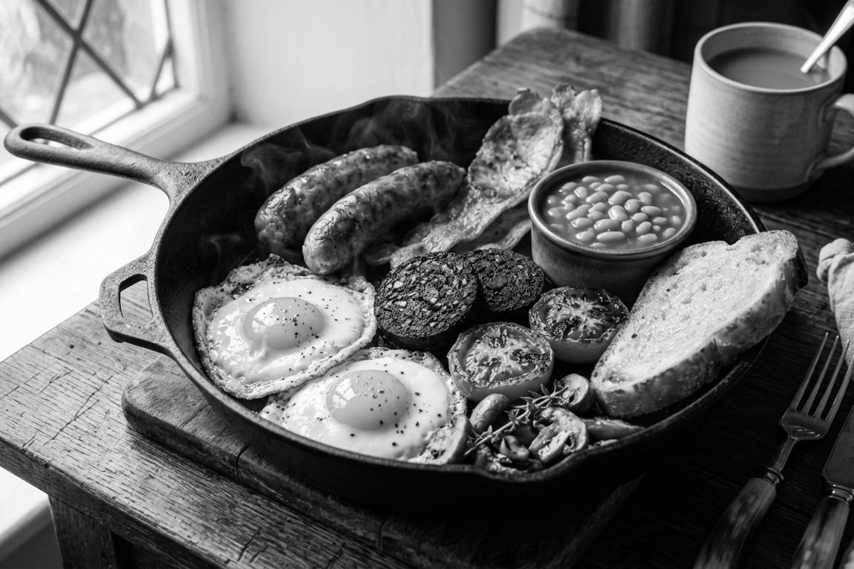Photorealistic editorial photograph of Bubble-and-Squeak Eggs Benedict cooked in a home kitchen setting.